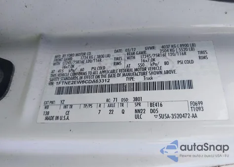 2012 Ford E-250 Commercial from USA, damaged, VIN 1FTNE2EW6CDA63312